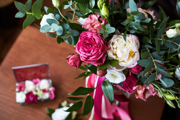 bouquet with roses Austin and peonies 