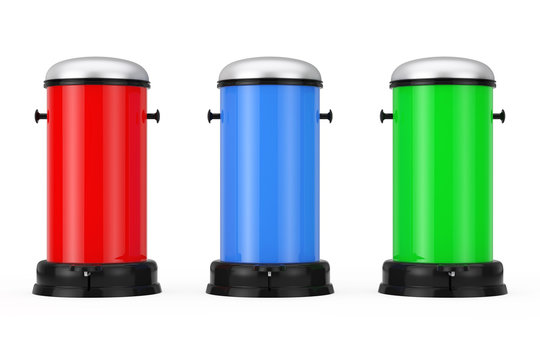 Multicolour Metal Trash Cans with Pedal. 3d Rendering