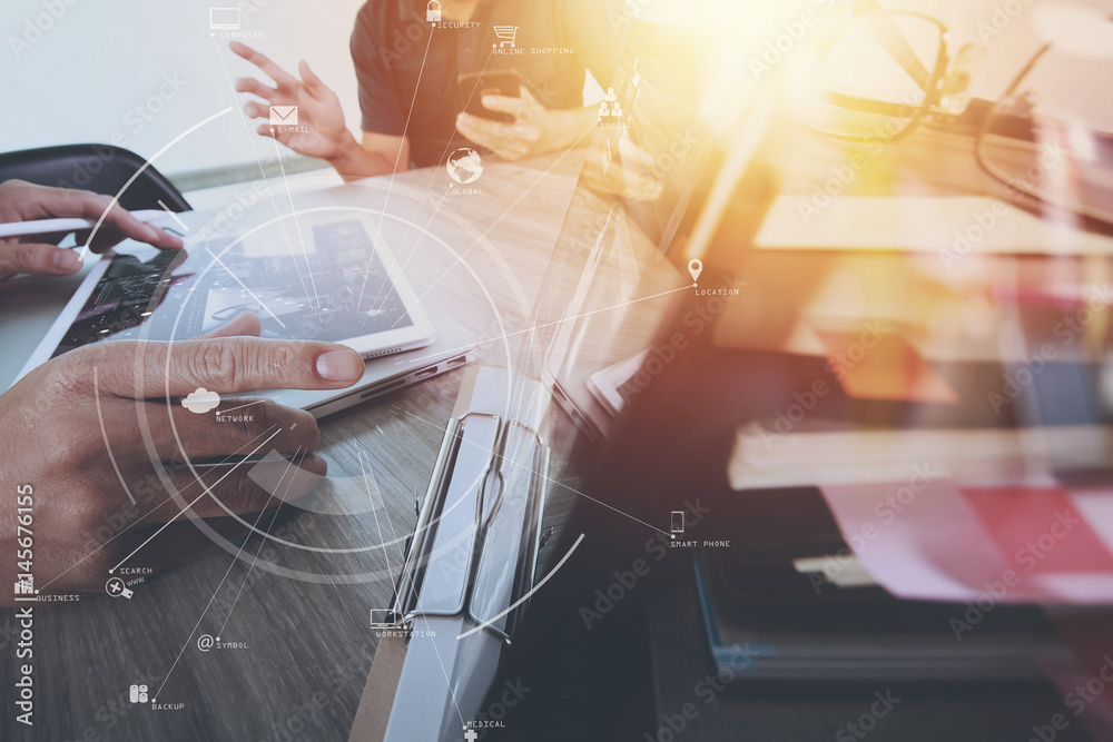 Aufkleber co working team meeting concept,businessman using mobile phone and digital tablet and laptop computer in modern office with virtual icon diagram