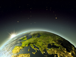 Europe from space during sunrise