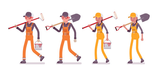 Fototapeta premium Set of male and female worker walking with tools, bright overall