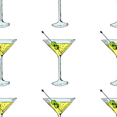 Martini with olive in glass hand drawn ink sketch, isolated, in color. Alcoholic cocktails sketch elements illustration. Seamless pattern.