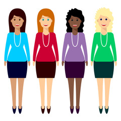 Fototapeta premium Woman characters of different ethnicity in flat style. International female office staff. Female office workers of different nationality standing smiling.