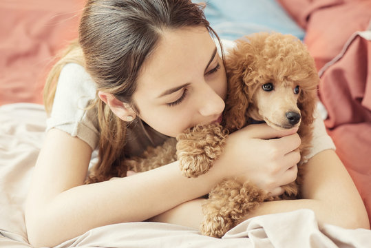 Young Woman Is Lying And Sleeping With Poodle Dog In Bed.