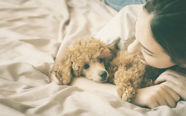 Young woman is lying and sleeping with poodle dog in bed.