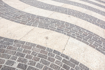 Fototapeta premium Perspective View of Grunge Cracked White Marble Brick Stone on The Ground for Street Road. Sidewalk, Driveway, Pavers, Pavement in Vintage Design Flooring Square Pattern Texture Background