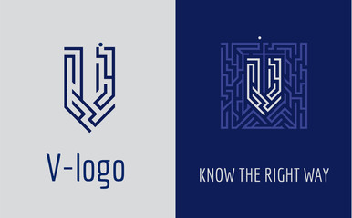Creative logo for corporate identity of company: letter V. The logo symbolizes labyrinth, choice of right path, solutions. Suitable for consulting, financial, construction, road companies, quests.