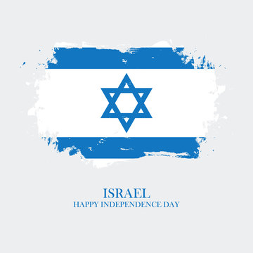 Israel Happy Independence Day greeting card with brush stroke background in israeli national colors. Vector illustration.
