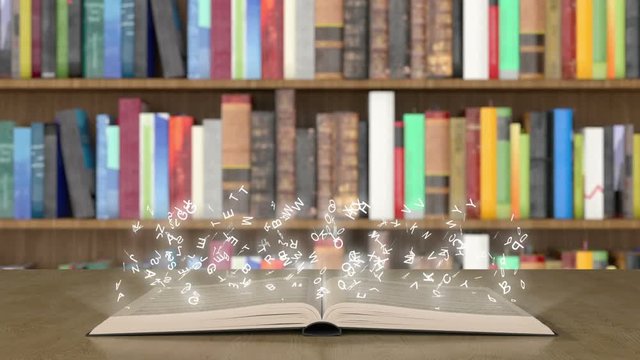 Glowing alphabet letters coming out of an book on library