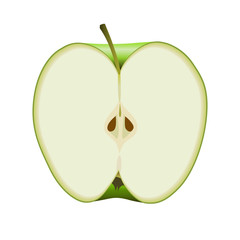 Isolated half of juicy green color apple on white background. Realistic colored slice.