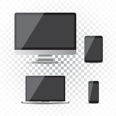 Realistic device flat Icons: smartphone, tablet, laptop and desktop computer. Vector illustration on isolated background