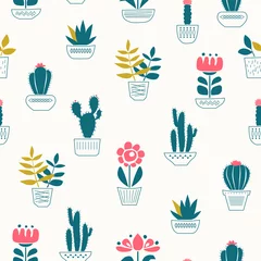 Wall murals Plants in pots seamless pattern with house plants in pots
