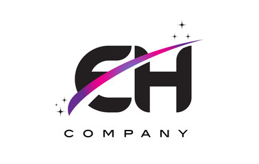 EH E H Black Letter Logo Design with Purple Magenta Swoosh