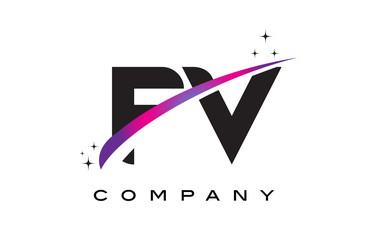 FV F V Black Letter Logo Design with Purple Magenta Swoosh