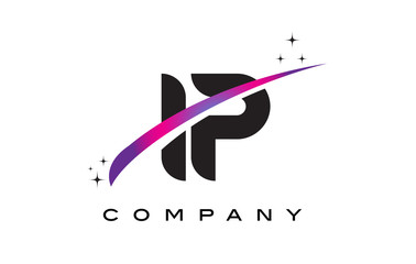 IP I P Black Letter Logo Design with Purple Magenta Swoosh
