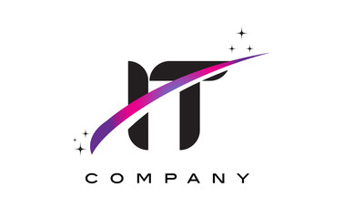 IT I T Black Letter Logo Design with Purple Magenta Swoosh