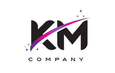 KM K M Black Letter Logo Design with Purple Magenta Swoosh - obrazy, fototapety, plakaty