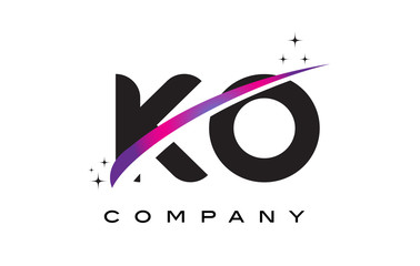 KO K O Black Letter Logo Design with Purple Magenta Swoosh