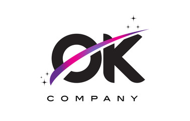 OK O K Black Letter Logo Design with Purple Magenta Swoosh