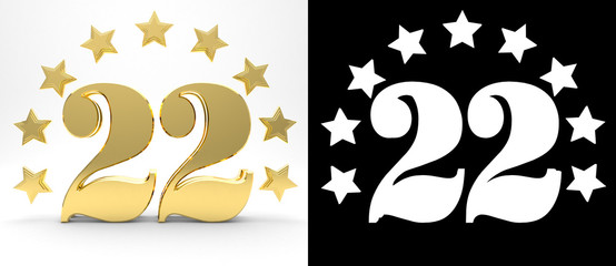 Golden number twenty two on white background with drop shadow and alpha channel , decorated with a circle of stars. 3D illustration
