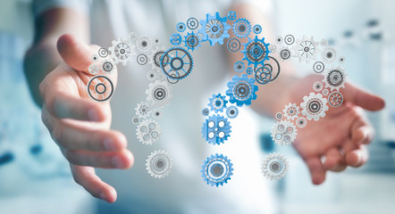 Businessman holding question marks gear 3D rendering