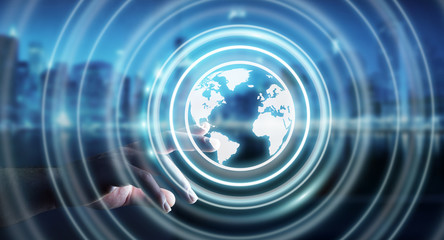 Businessman using web interface to surf on internet 3D rendering