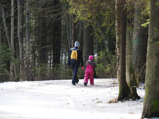 Fototapeta na wymiar Mom and daughter on a walk in the park with a dog