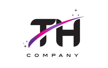 TH T H Black Letter Logo Design with Purple Magenta Swoosh