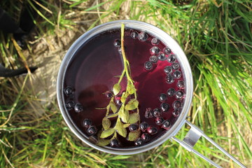 Blueberry tea boiled on a gas cooker from pure water in nature