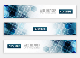 Web headers or banners with abstract vector hexagonal pattern.