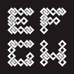 Font of interwoven strips. E, F, G, H letters.