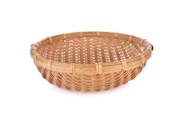 empty round bamboo basket on white background