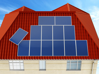 Fototapeta premium Solar panels being installed on building rooftop. 3D illustration