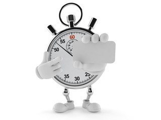 Obraz premium Stopwatch character holding blank business card