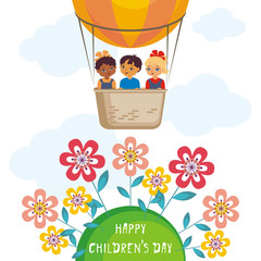 Happy children’s day greeting card with the image of the hot air balloon, the planet Earth and children of different races. Vector illustration in cartoon style