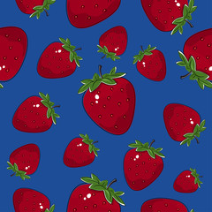 Seamless Pattern of Strawberry, Fruit Berry Pattern on Blue Background, Vector Illustration