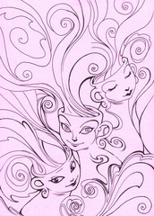 Hand drawn abstract illustration of three cute lady cups 