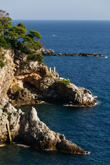 Coniferous rocky coast on the Adriatic Sea in Dubrovnik, Croatia.