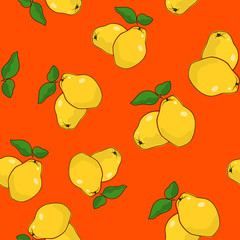Seamless Pattern of Quince , Fruit on Orange Background, Vector Illustration