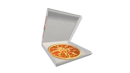 Pizza in a open white delivery box isolated on white - delivery service