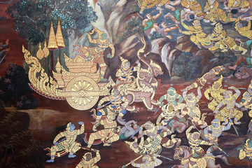 masterpiece of traditional Thai style painting art old about Buddha story on temple wall at Watphao  in Bangkok, Thailand.