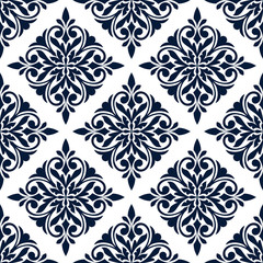 Fototapeta na wymiar Floral seamless pattern of blue damask ornament on white background with diamond shaped flower and leaf compositions. Wallpaper, tile and interior accessory design