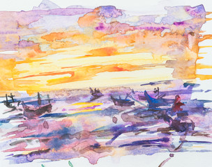 watercolor painting boats in the sea