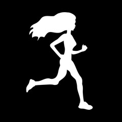 Fototapeta na wymiar Athletic white running woman silhouette on black background. Fitness training. Flat vector illustration