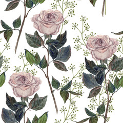 Watercolor Seamless pattern with Beautiful rose flowers on white background , Watercolour painting