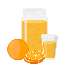 Orange juice, orange and slices. Cartoon flat style