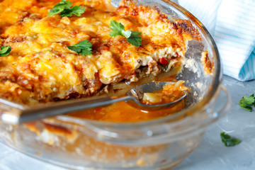 Greek style moussaka with eggplants, ground beef and potatoes.