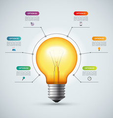 Lightbulb infographic template with 6 options. Creative idea concept. Can be used for circular chart, cycle diagram, graph, workflow layout, web design. Vector background