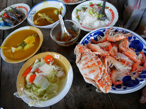 Traditional lunch cuisine food set of southern thai style and boiled seafood