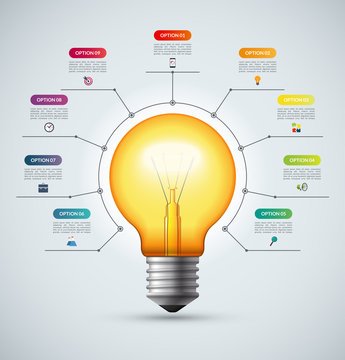 Lightbulb Infographic Template With 9 Options. Creative Idea Concept. Can Be Used For Circular Chart, Cycle Diagram, Graph, Workflow Layout, Web Design. Vector Background